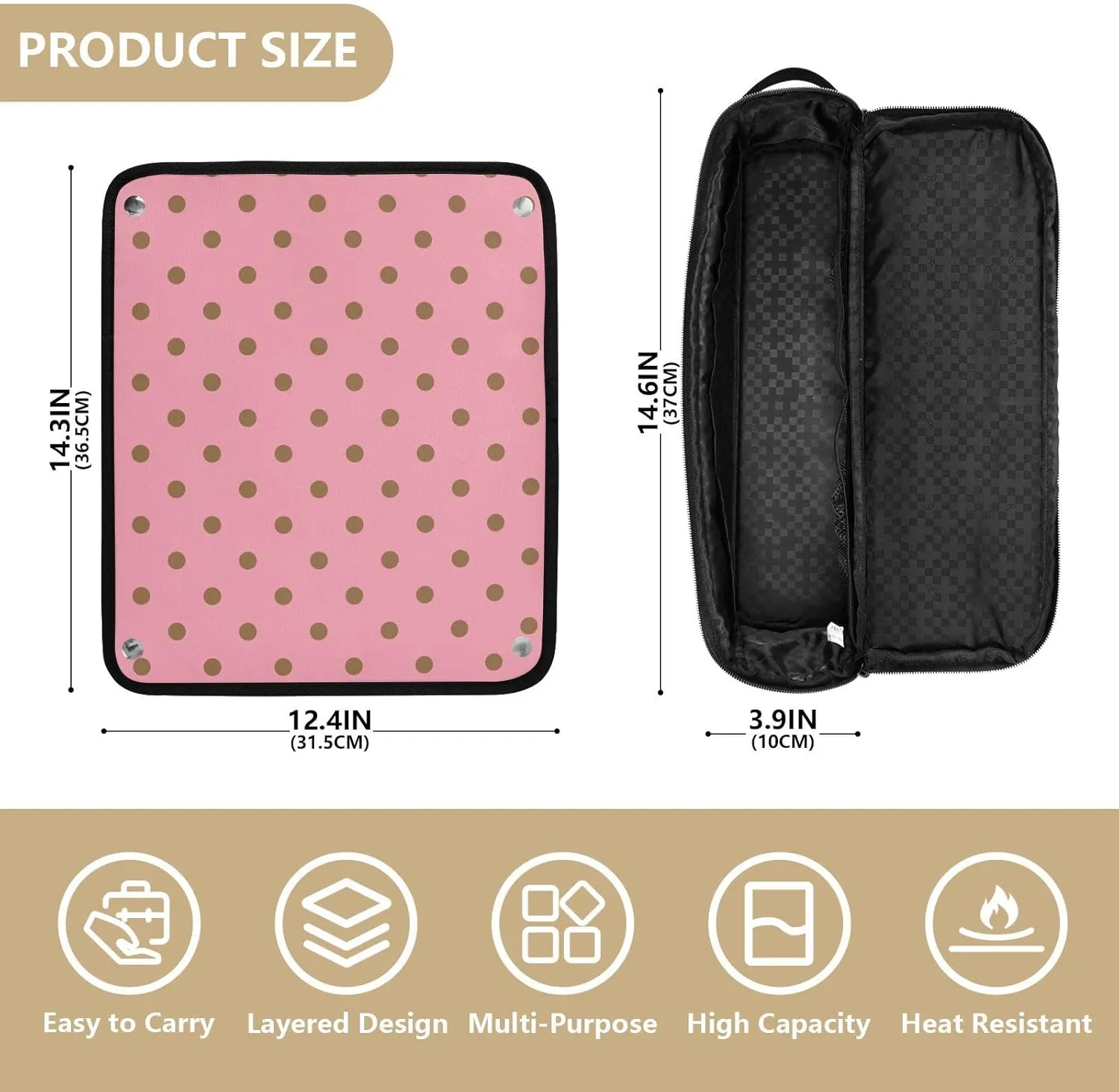 Hair Tool Travel Bag for Women, 2 in 1 Hair Tools Organizer, and Heat Resistant Mat with Zipper for Curling Iron Straightener Flat Hairs Dryer, Polka Dots Bright Pink Mid Century Modern