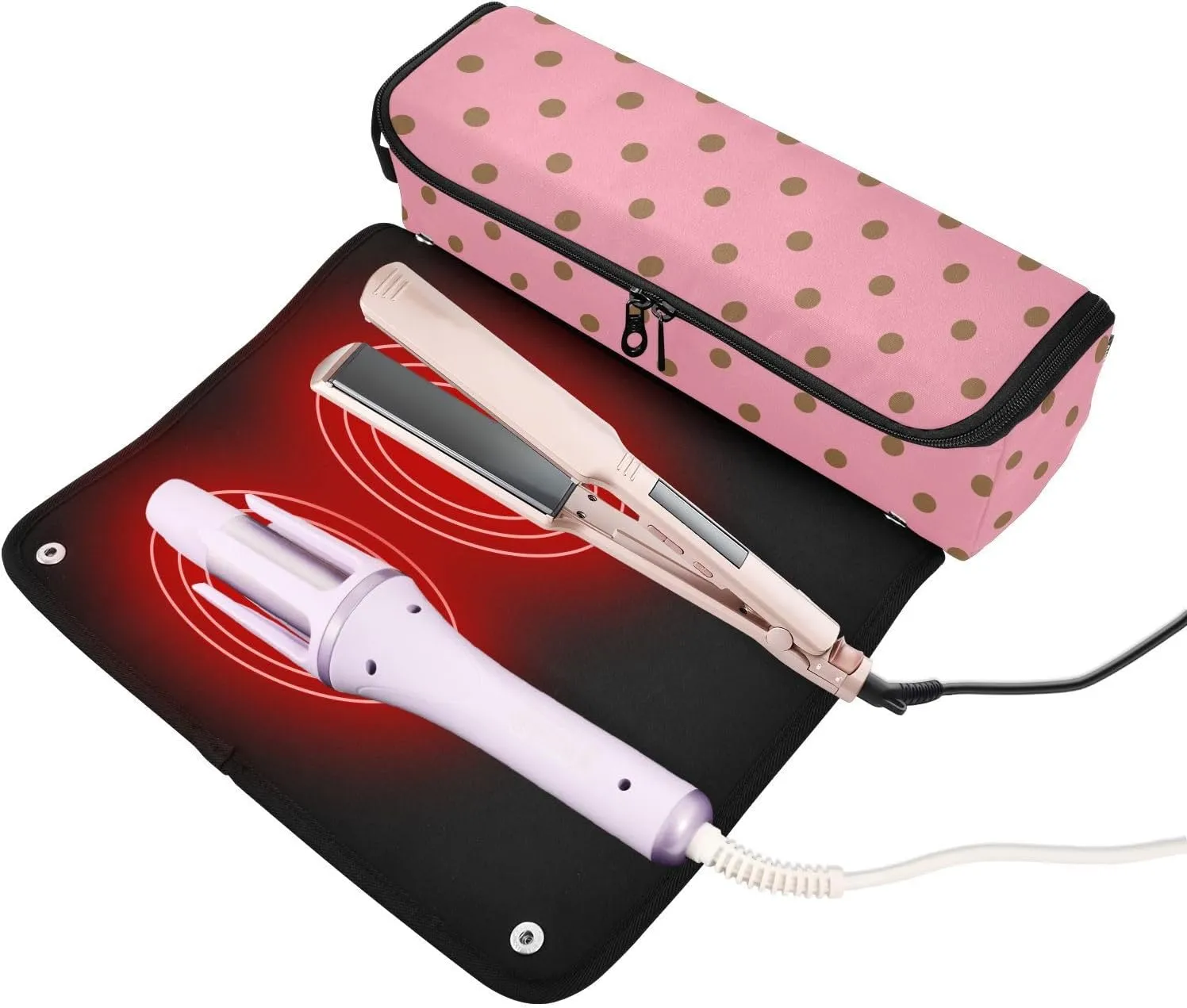Hair Tool Travel Bag for Women, 2 in 1 Hair Tools Organizer, and Heat Resistant Mat with Zipper for Curling Iron Straightener Flat Hairs Dryer, Polka Dots Bright Pink Mid Century Modern