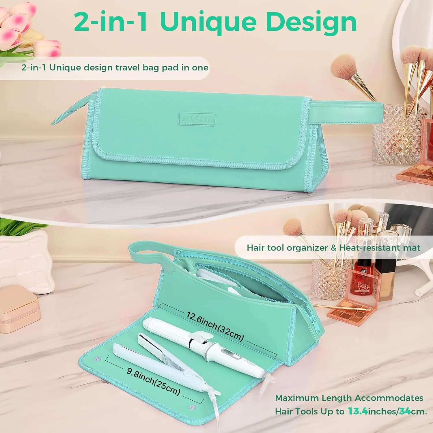 Hair Tools Travel Bag and Heat Resistant Mat, 2 in 1 Portable Organizer Hair Travel Case for Curling Iron, Hair Straightener, Flat Irons, PU Hangable Handle, Neoprene (Blue-Green)