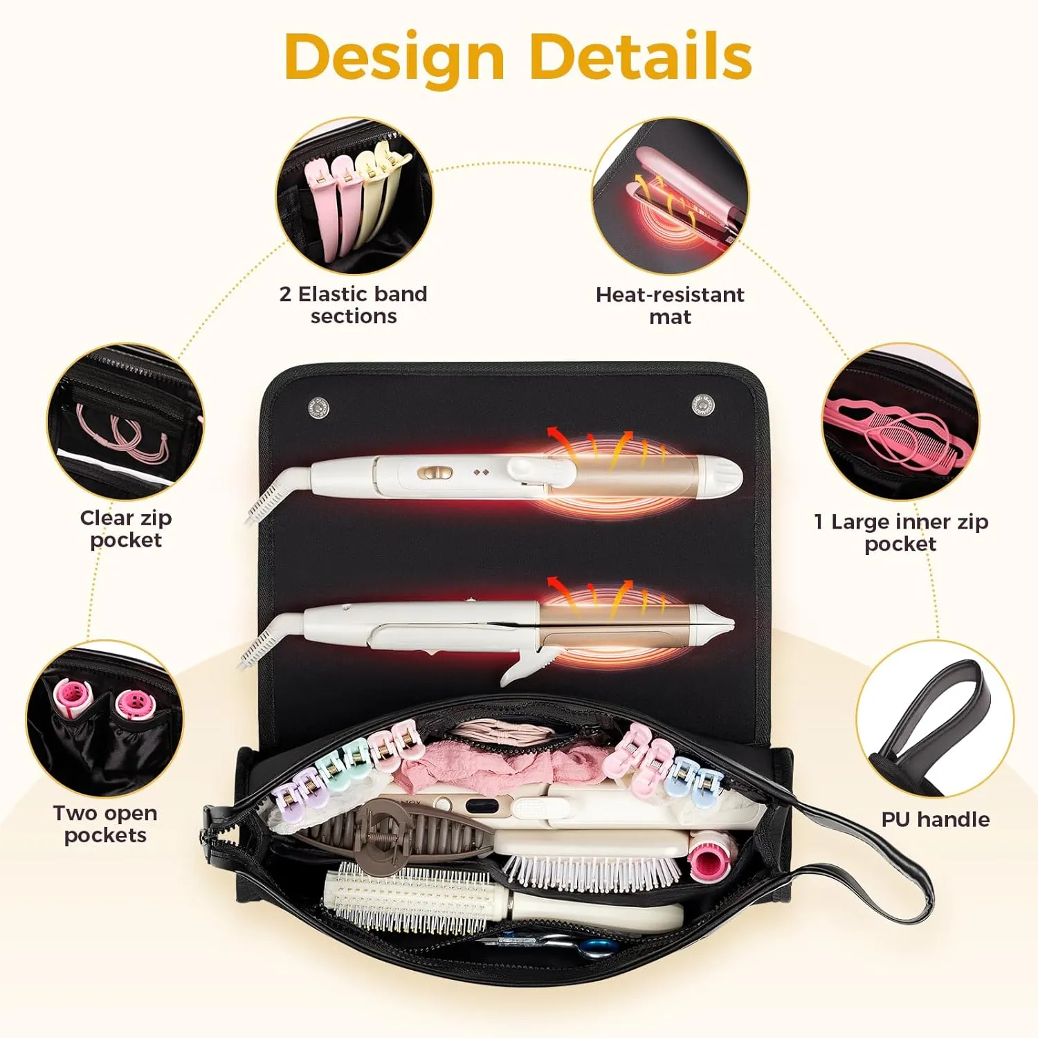 Hair Tools Travel Bag and Heat Resistant Mat, 2 in 1 Portable Organizer Hair Travel Case for Curling Iron, Hair Straightener, Flat Irons, PU Hangable Handle, Neoprene (Elegant Black)