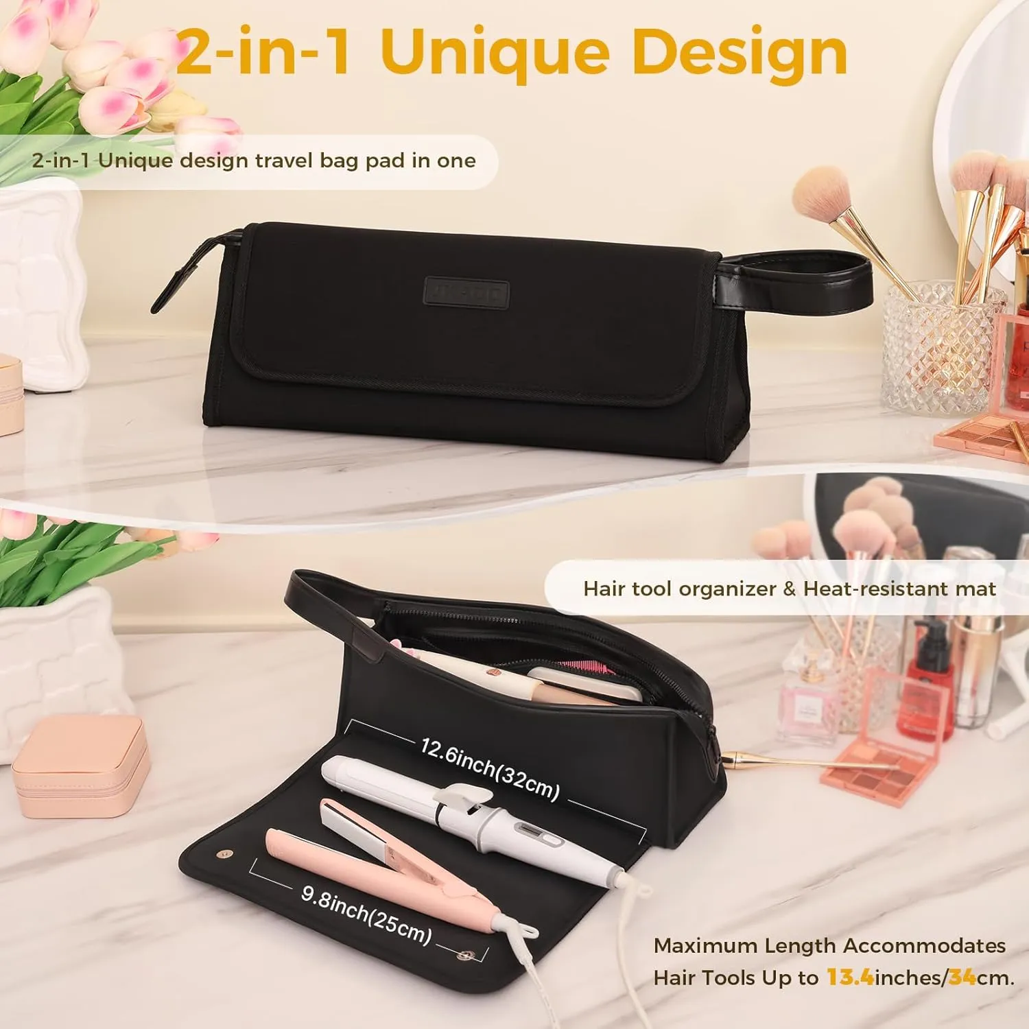Hair Tools Travel Bag and Heat Resistant Mat, 2 in 1 Portable Organizer Hair Travel Case for Curling Iron, Hair Straightener, Flat Irons, PU Hangable Handle, Neoprene (Elegant Black)