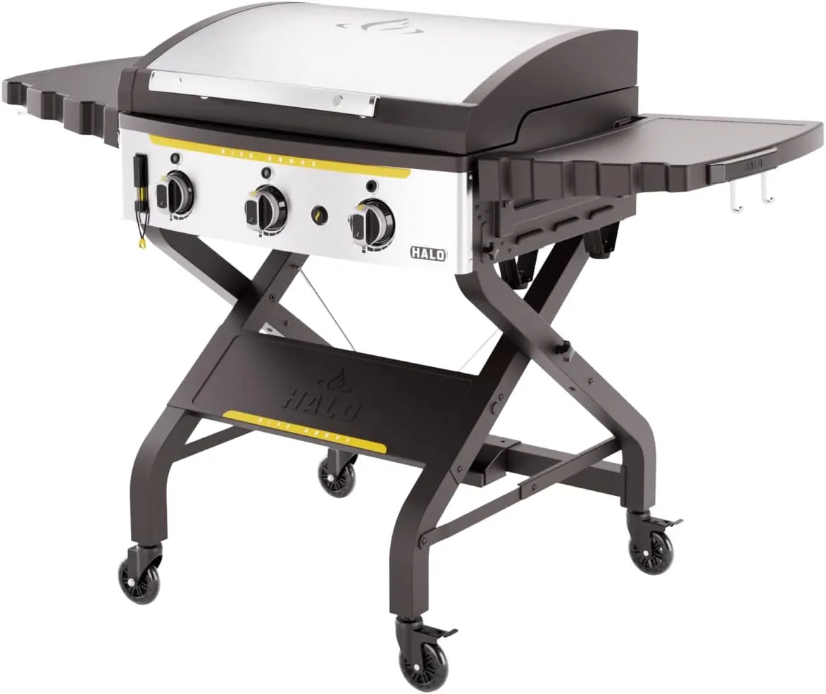 HALO Elite Griddle Propane Gas, 28''×20''(564sq.in) Cooking Surface with Wind Proof Design and Dual Burner, XL Rear Grease Container, a Bubble Leveler (3 Burners)