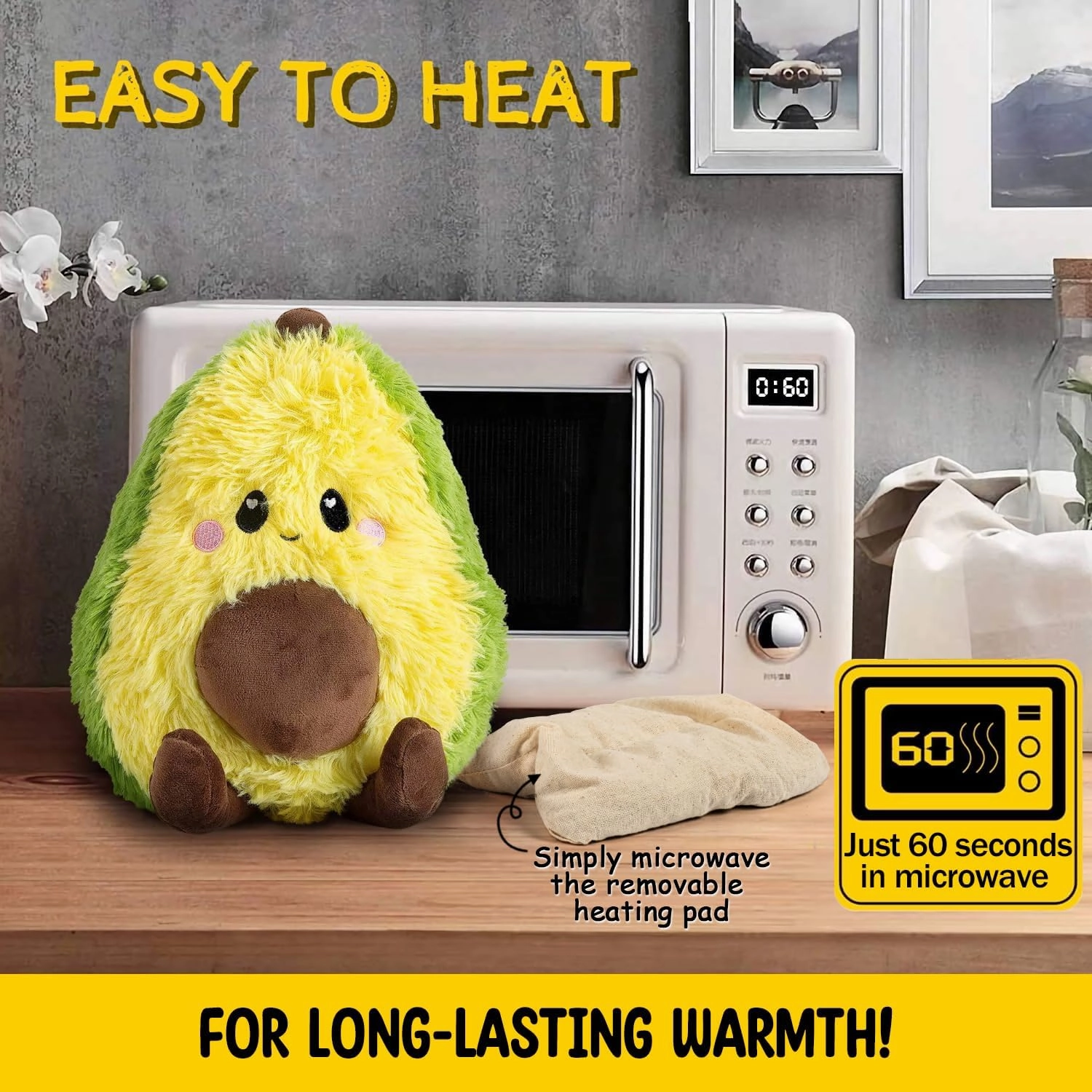 Happy Fuel Avocado Microwavable Unscented 1.5lbs Heating Pad For Women And Kids- Cute Soft Cozy Pillow Plush Heatable Warm Stuffed Animals- Kawaii Hot & Cold Plushie Food Toy - Avocado Gifts For Girls