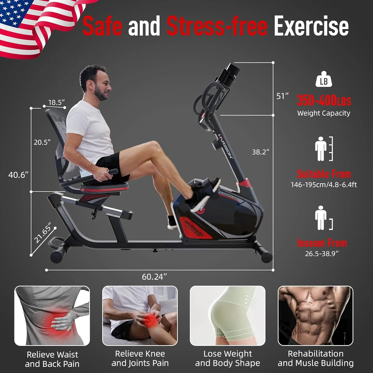 HARISON Semi Commercial Recumbent Exercise Bike with 400 lbs Capacity, Magnetic Recumbent bike for Adult and Seniors, Recumbent Stationary bike for Home with Smart Bluetooth App, 2 in 1 LCD Monitor and Tablet Holder, Heart Rate monitor