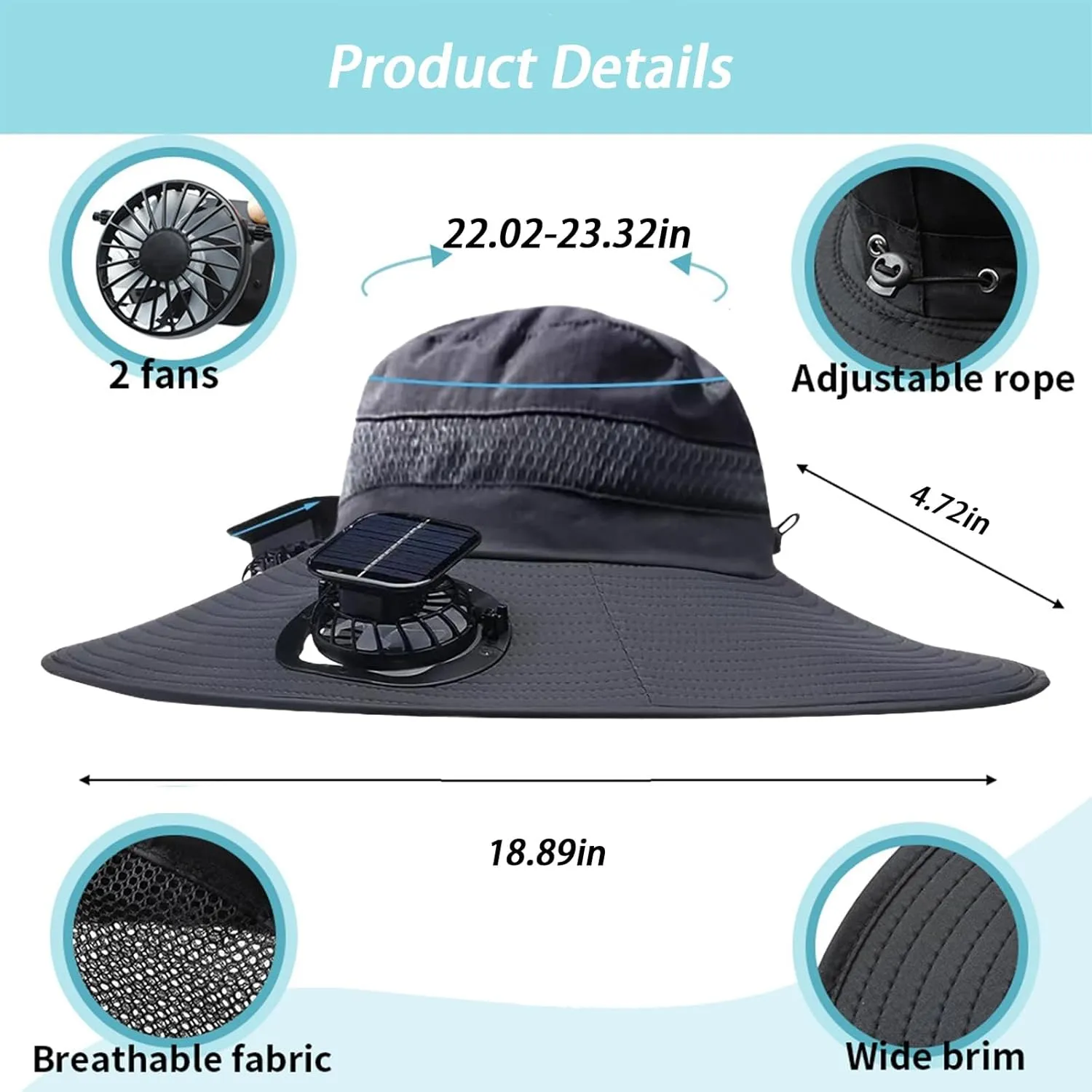 Hat with Fans Solar Power, Solar Fan Hat for Men Women, UPF 50  Removable&USB Charging for Outdoor Hiking Camping Fishing