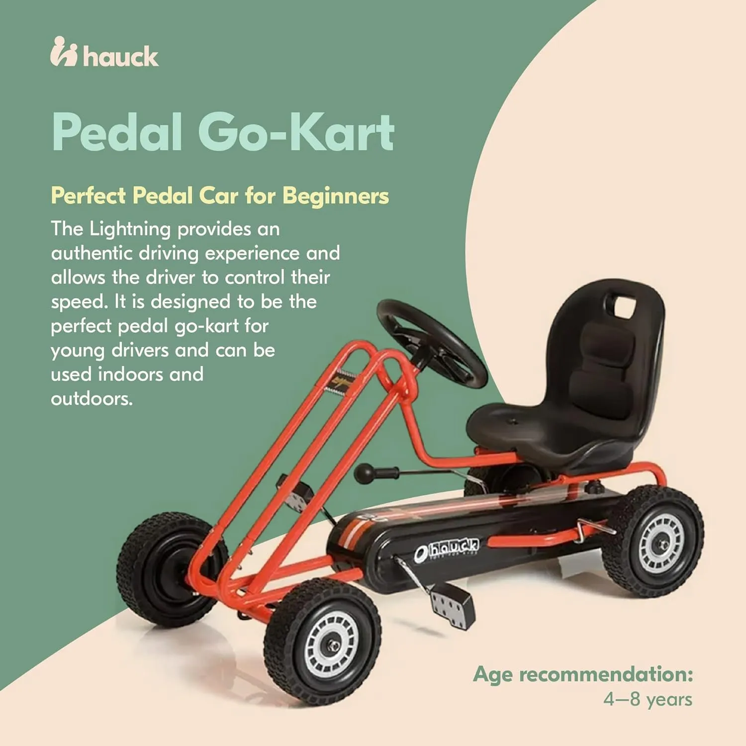hauck Kids Pedal Go Kart, 4 Wheel Bike Cart, Ages 4-8, Lightning Ride, Orange