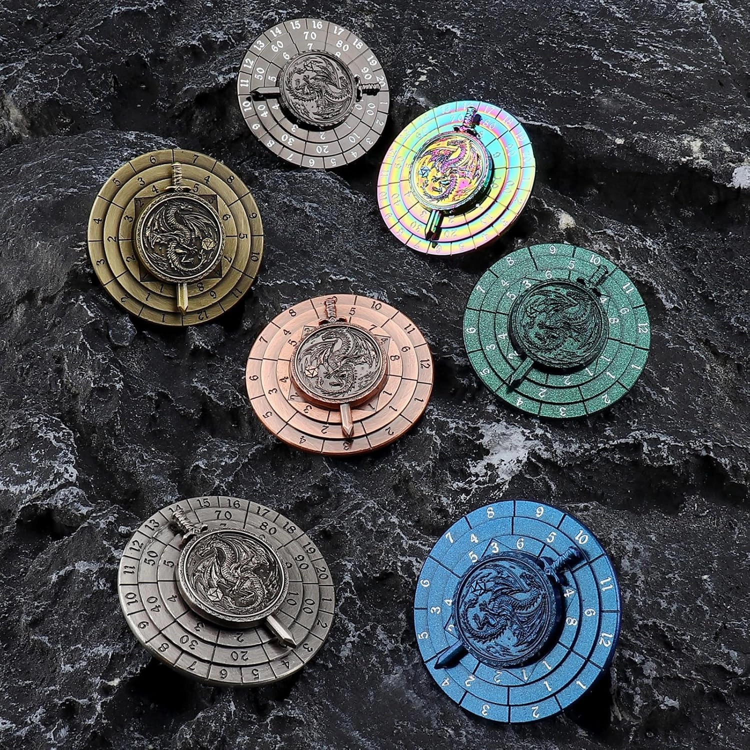 Haxtec Spinner Dice 7-in-1 Metal DND Dice Set Unique Dice Spinner Antique Rotate Metal D&D Dice for Dungeons and Dragons DND Gifts RPG Role Playing Gaming Dice