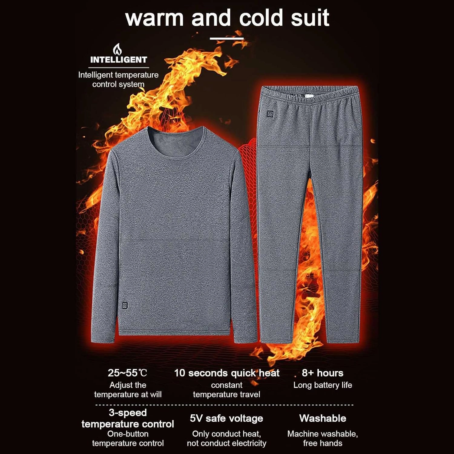 Heated Warm Underwear for Men Women 22 Zone Heating Pad USB Thermal Soft Trousers Top (Batteries Not Included)