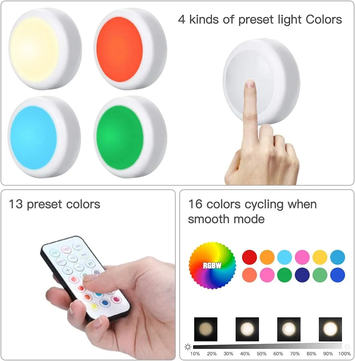 HELPLEX Puck Lights with Remote, Color Changing LED Stick on Lights Battery Powered Dimmable Under Cabinet Lights Wireless Under Counter Light RGBW Push Light, Timing & Memory Function, White, 6 Pack