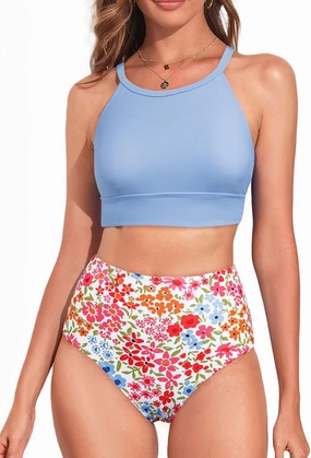 Herseas Women's Bikini Sets High Neck Tropical Leaf Print High Waisted Two Pieces Swimsuits Bathing Suits