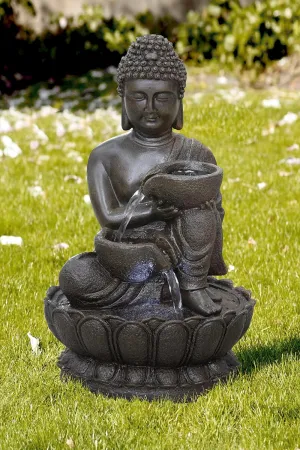 Hi-Line Gift Ltd. 13.75" H Buddha Fountain with LED for Tabletop Décor, Medium, Brown