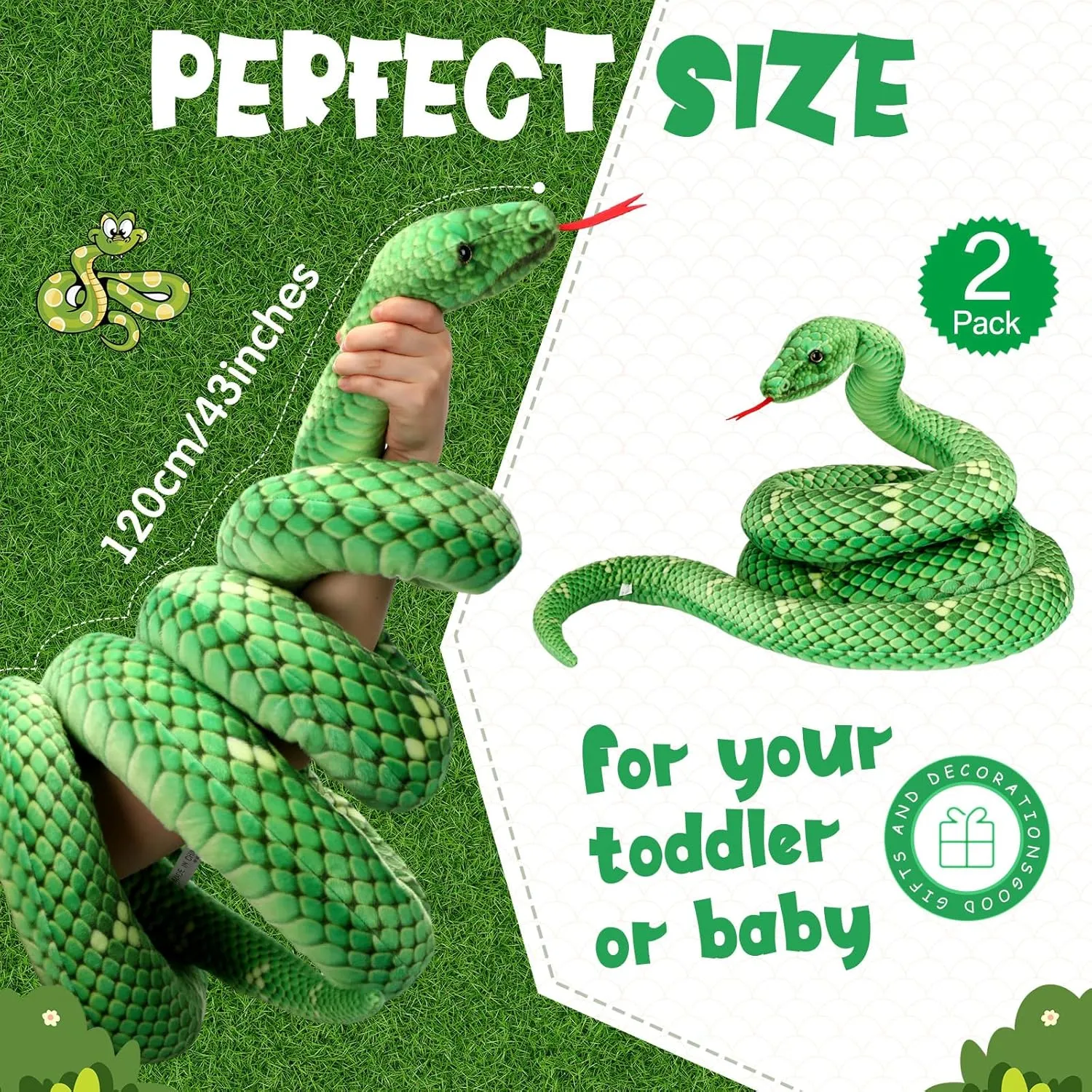 Hiboom Giant Snake Plush Large Stuffed Animal Realistic Stuffed Lifelike Snake Toy Gifts for Birthday Party Decoration Easter Carnival Prank Props(110 Inch,Green)