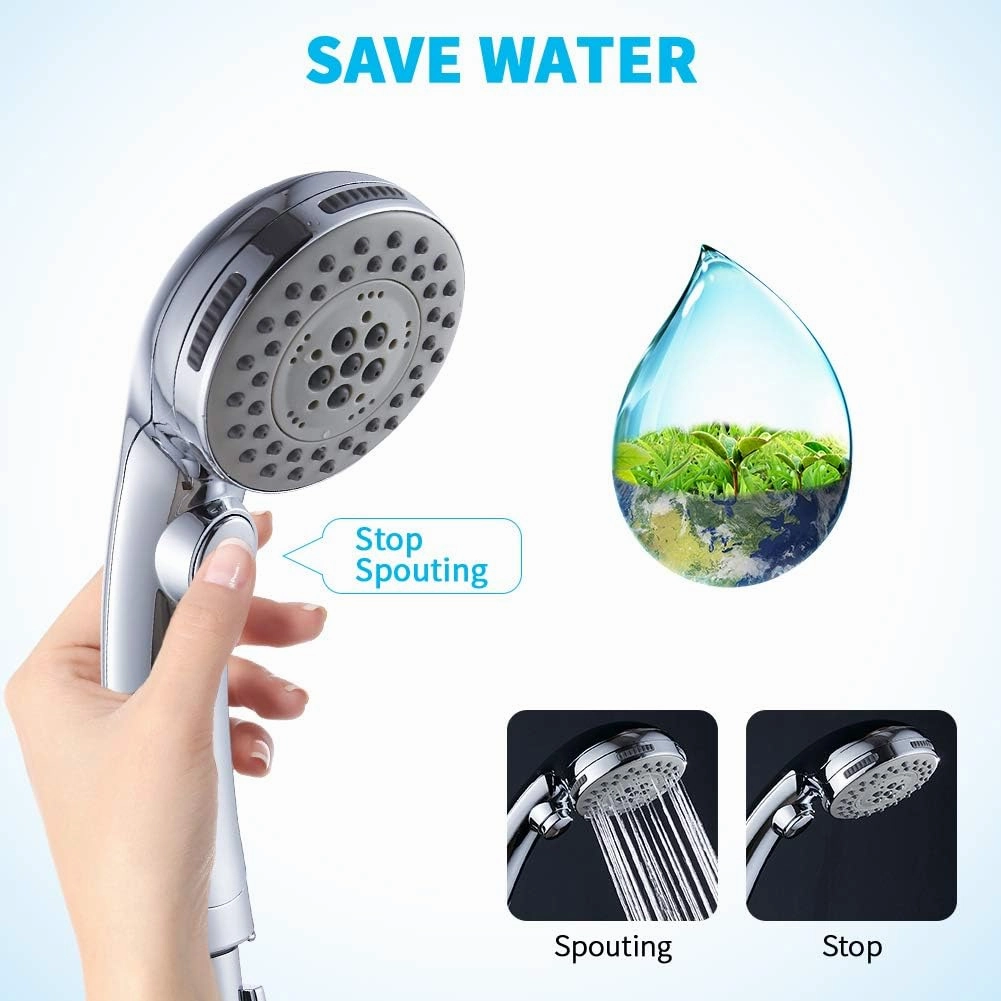 High Pressure 6 Setting Shower Head Hand-Held with ON/OFF Switch and Spa Spray Mode - Hand Held Shower Head with Handheld Spray - Shower Head with Hose - Chrome