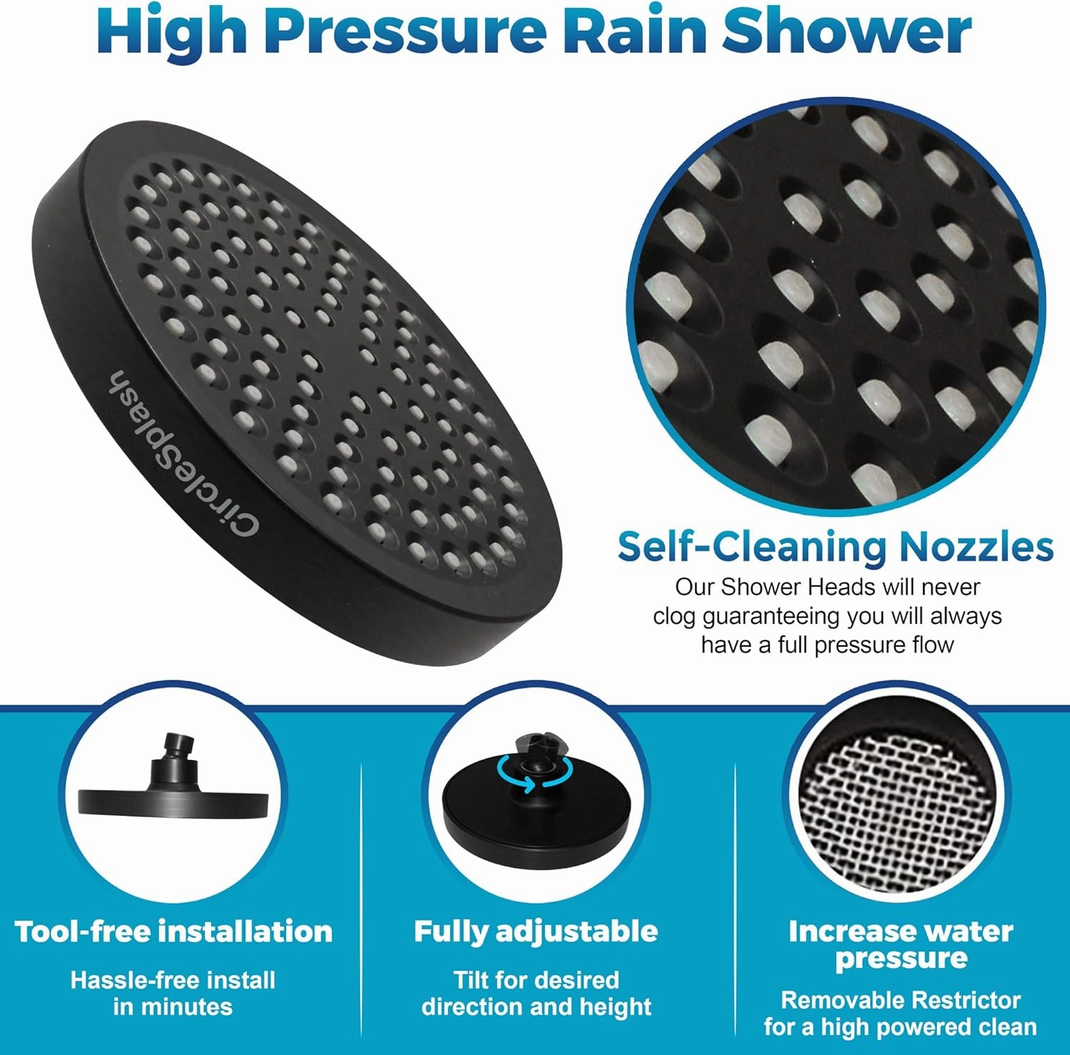 High Pressure Shower Head - Anti-Clogging Silicone Nozzles - 2.5 GPM Removable Restrictor - Easy to Clean Adjustable Replacement - easy to install with Plumbers Tape - 6 inch - Matte Black Finish