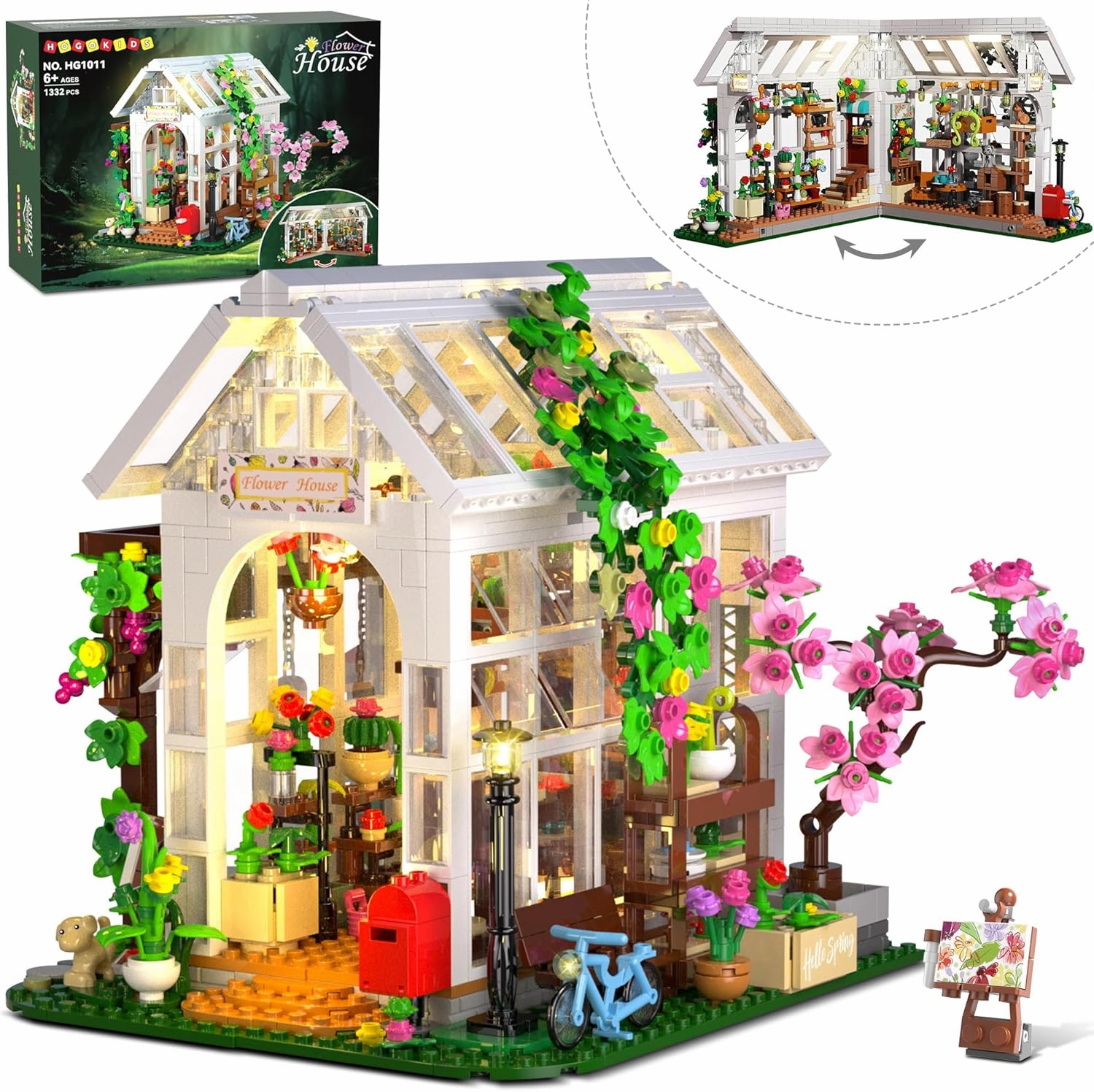 HOGOKIDS Flower House Building Set with LED Light - 1332 PCS Garden House Buiding Toy with Flowers Potted Plants Parrot Cat Animals Playset Greenhouse Model Xmas Gift for Adults Teens Girls 6-12 Years