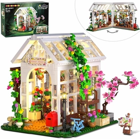 HOGOKIDS Flower House Building Set with LED Light - 1332 PCS Garden House Buiding Toy with Flowers Potted Plants Parrot Cat Animals Playset Greenhouse Model Xmas Gift for Adults Teens Girls 6-12 Years