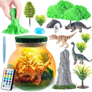 Hollyhi Terrarium Kit for Kids, Light Up Night Light Toys for 3 4 5 6 7 8 9 10 11 12 Year Old Boys Girls, DIY Dinosaur Arts and Crafts for Kids Birthday Gifts (Dinosaur with Green Magic Sand)