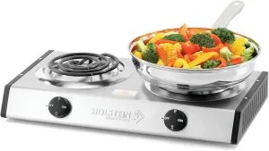 Holstein Housewares Portable Electric Double Burner – Compact & Lightweight Dual Hot Plate with Adjustable Heat Settings, Stainless Steel Housing, & Anti-Slip Feet – Ideal for Dorms, & Travel