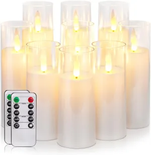 Homemory Pure White Acrylic Flameless LED Candles, Battery Operated With Remote Control and Timer, Electric Fake Candles for Wedding, Home Decor, Set of 9