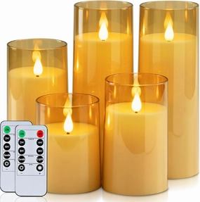 Homemory Amber Flickering Flameless Candles, Battery Operated Acrylic LED Pillar Candles with Remote Control and Timer, Set of 5