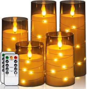 Homemory Flameless Candles with Embedded Star String Fairy Lights, Battery Operated Candles, LED Candle, Fake Candles with Remote Control and Timer, Gray Acrylic, Set of 5(H4 5" 6" 8" 8")