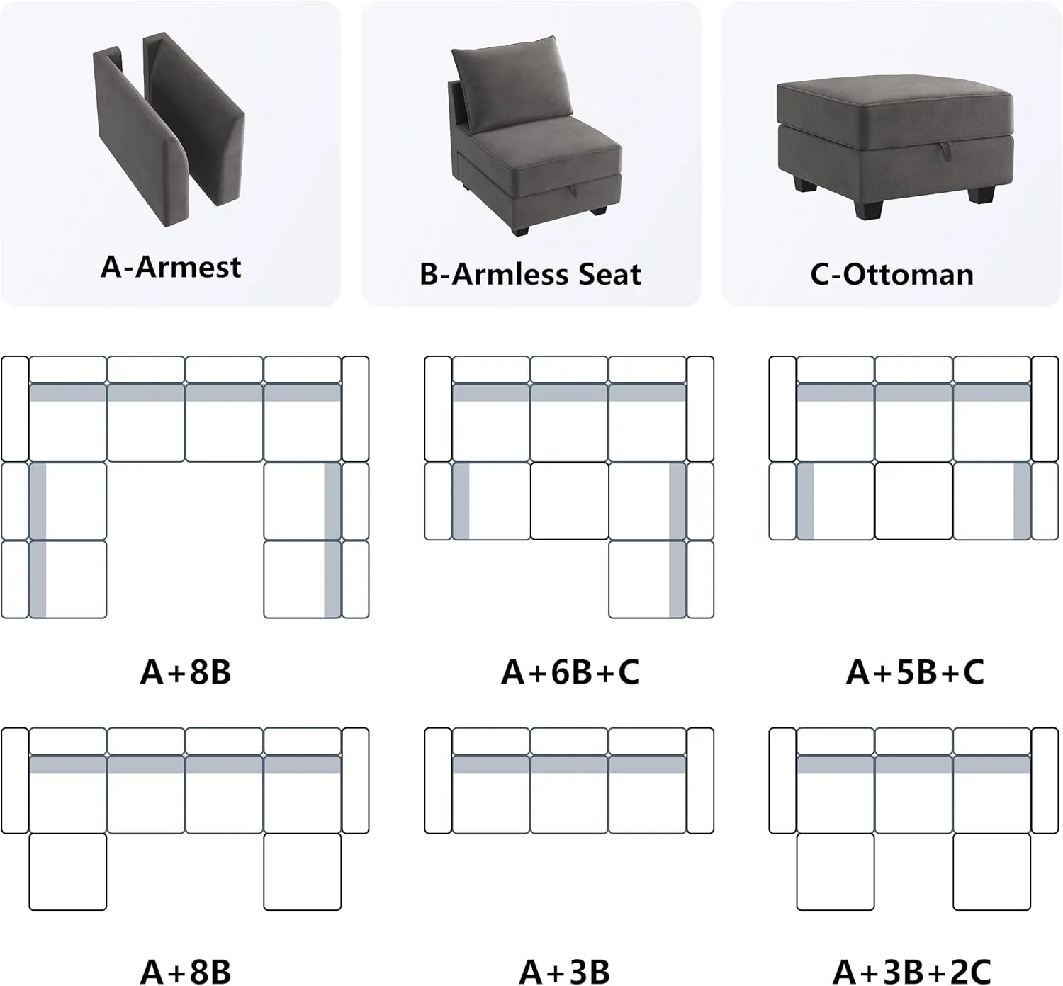 HONBAY Ottoman Module for Modular Sectional Sofa, Storage Ottoman Square Ottoman Bench for Living Room, Velvet Grey