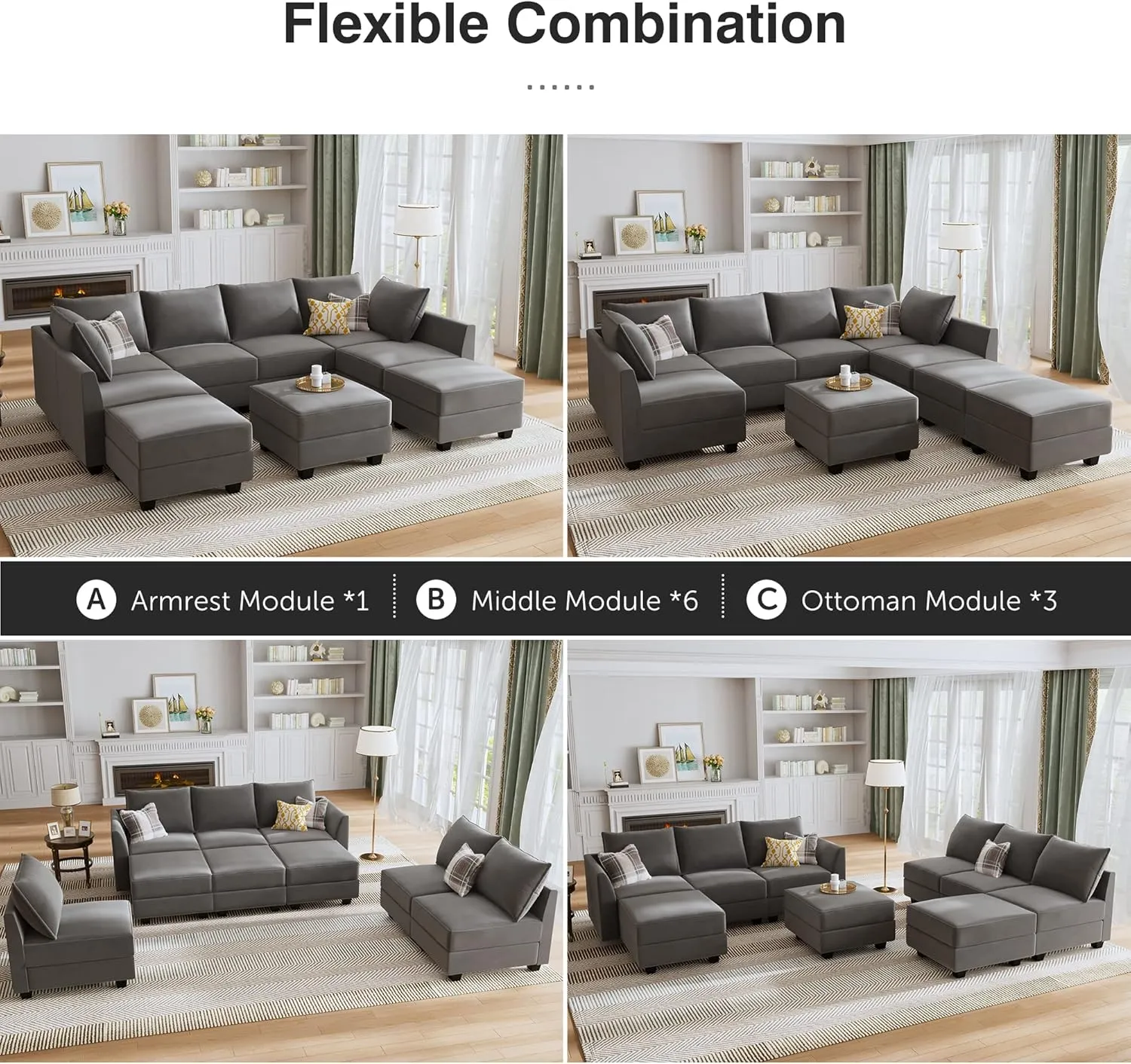 HONBAY Ottoman Module for Modular Sectional Sofa, Storage Ottoman Square Ottoman Bench for Living Room, Velvet Grey