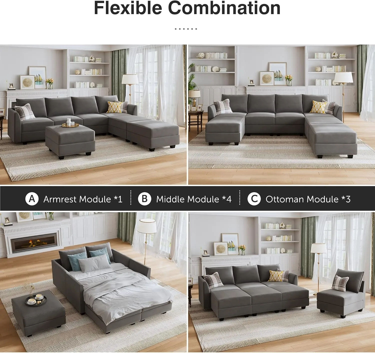 HONBAY Ottoman Module for Modular Sectional Sofa, Storage Ottoman Square Ottoman Bench for Living Room, Velvet Grey