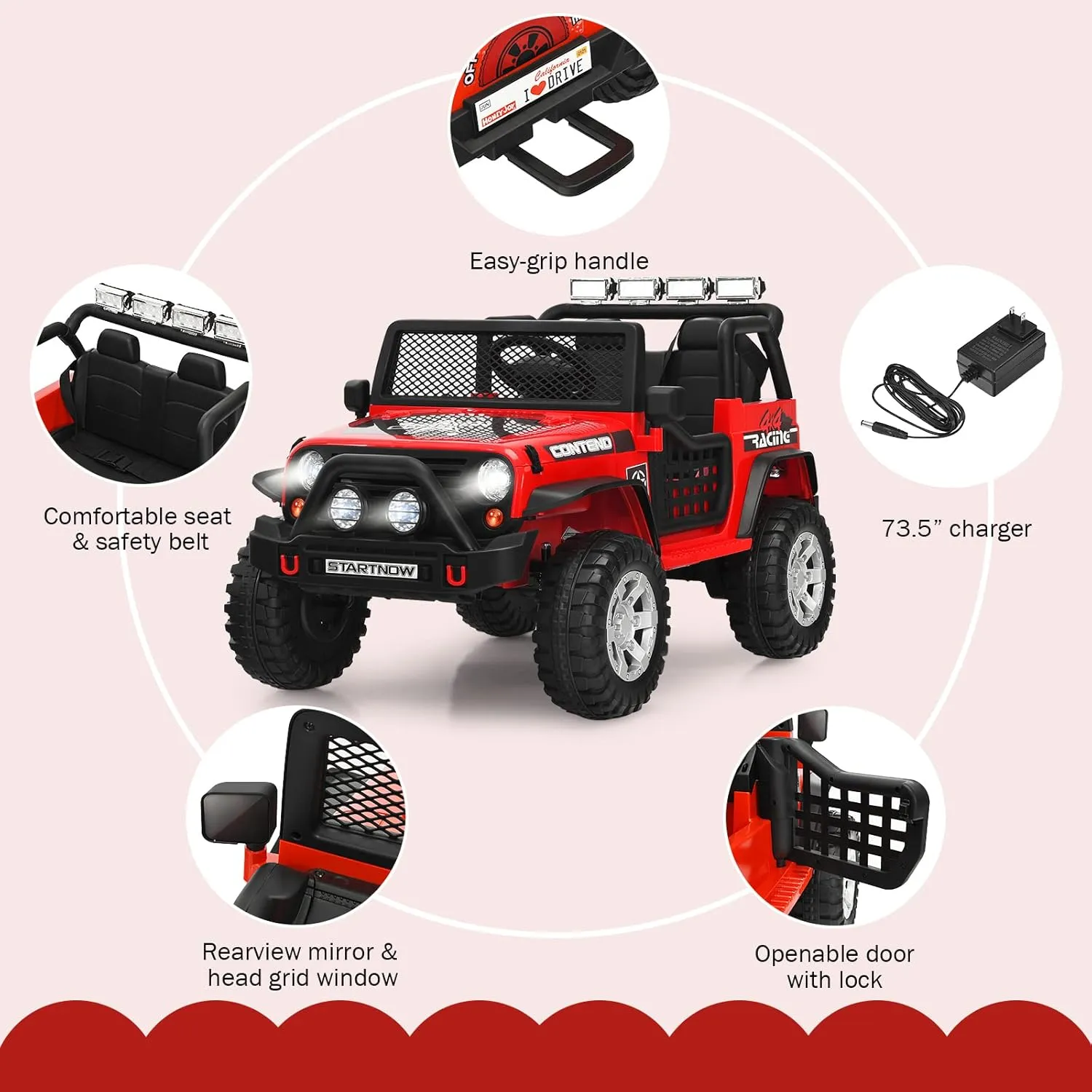 HONEY JOY 2 Seat Ride On Truck,12V Battery Powered Electric Cars for Kids, Spring Suspension, LED Lights, Remote Control, Horn, Music/ MP3, Toddler 4 Wheeler Ride On Toys Car for Girls(Red)
