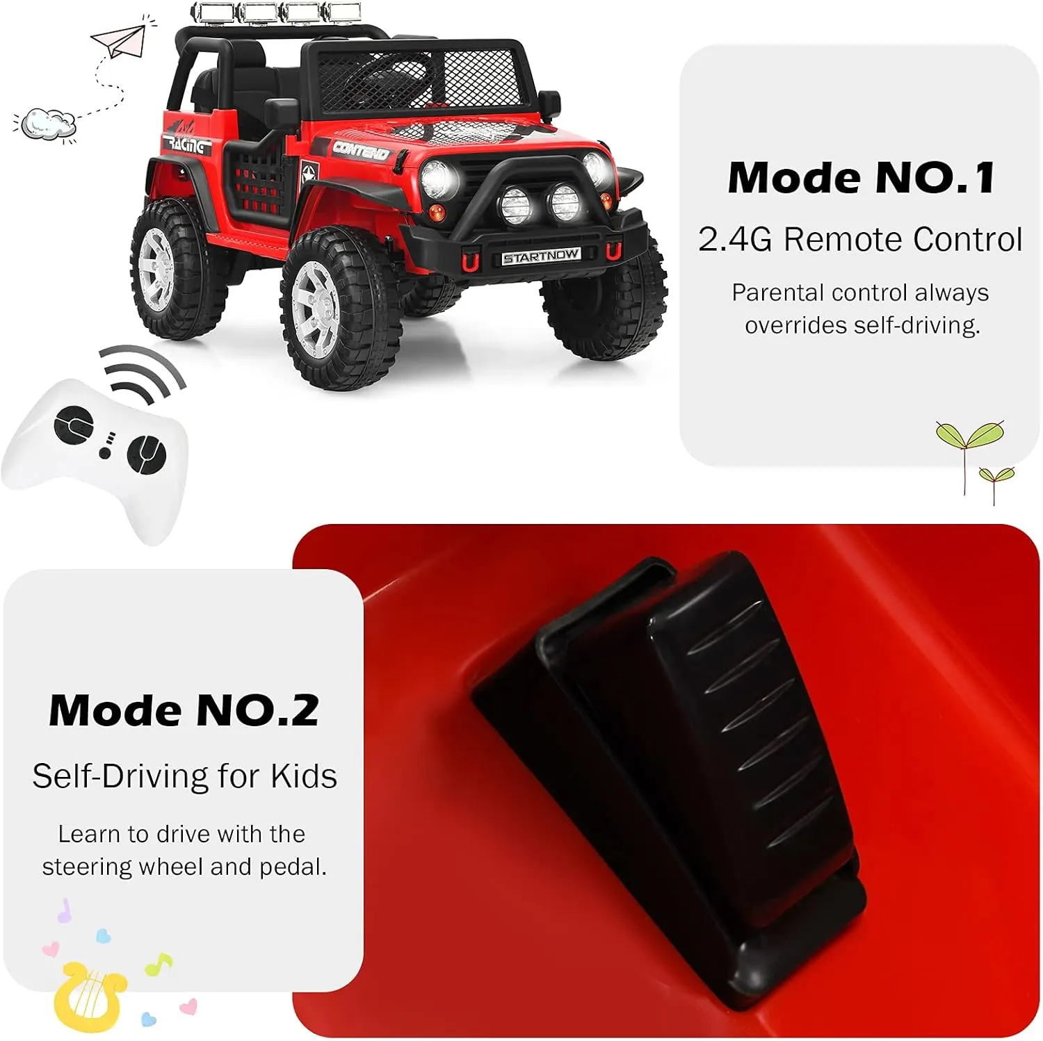 HONEY JOY 2 Seat Ride On Truck,12V Battery Powered Electric Cars for Kids, Spring Suspension, LED Lights, Remote Control, Horn, Music/ MP3, Toddler 4 Wheeler Ride On Toys Car for Girls(Red)