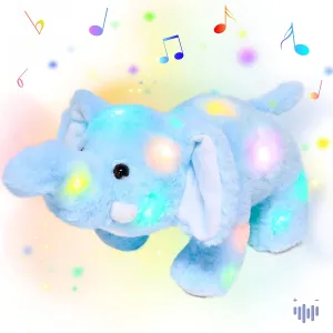 Hopearl LED Musical Plush Elephant Lighting Up Stuffed Animal Elephish Floppy Night Lights Glow in The Dark Birthday Festival for Kids Toddlers, Blue, 15''