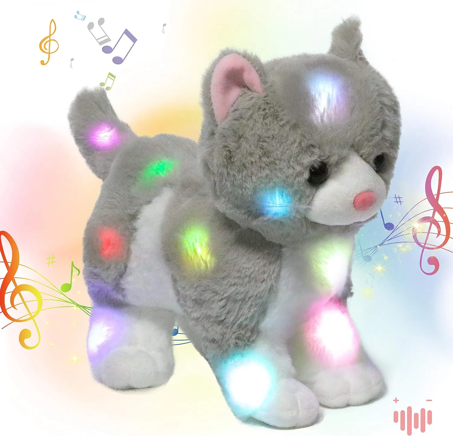 Hopearl LED Musical Stuffed Kitty Light up Singing Plush Cat Adjustable Volume Lullaby Animated Soothe Birthday Gifts for Kids Toddler Girls, Grey, 13.5''