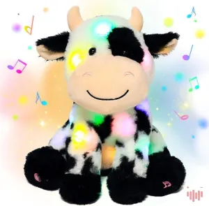 Hopearl LED Musical Stuffed Smile Cow Light up Singing Plush Toy Adjustable Volume Lullaby Animated Soothe Birthday Festival for Kids Toddler Girls, 11'