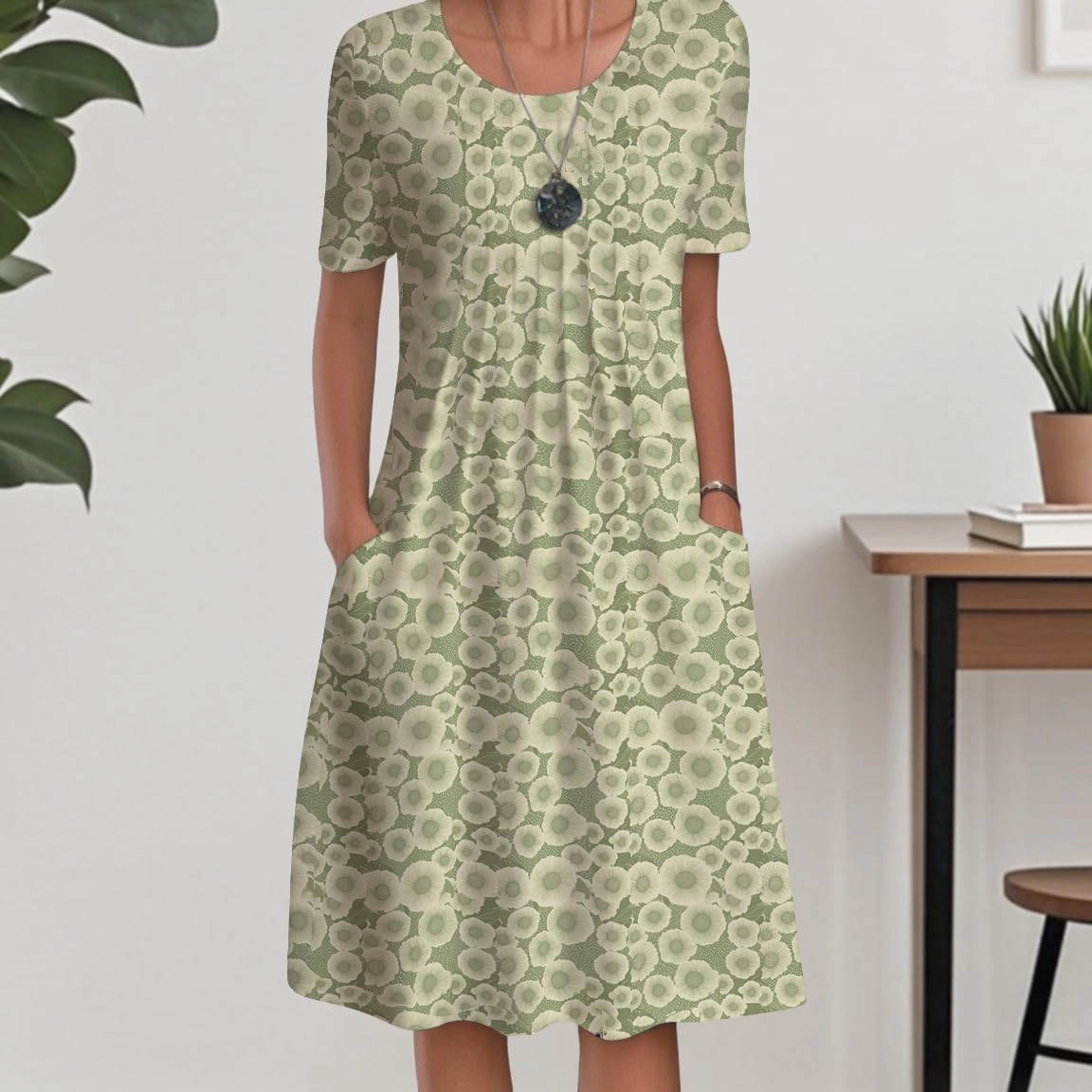 HOTYD Womens Floral Midi Dresses Casual Short Sleeve Crewneck Summer Dress Flowy Boho Beach Vacation Dresses with Pockets