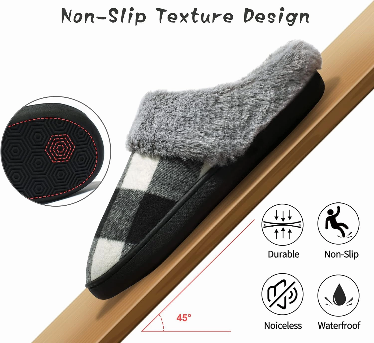 House Slippers for Women Indoor and Outdoor Memory Foam Fuzzy Slippers Bedroom Buffalo plaid Slip-on Shoes Christmas Gift