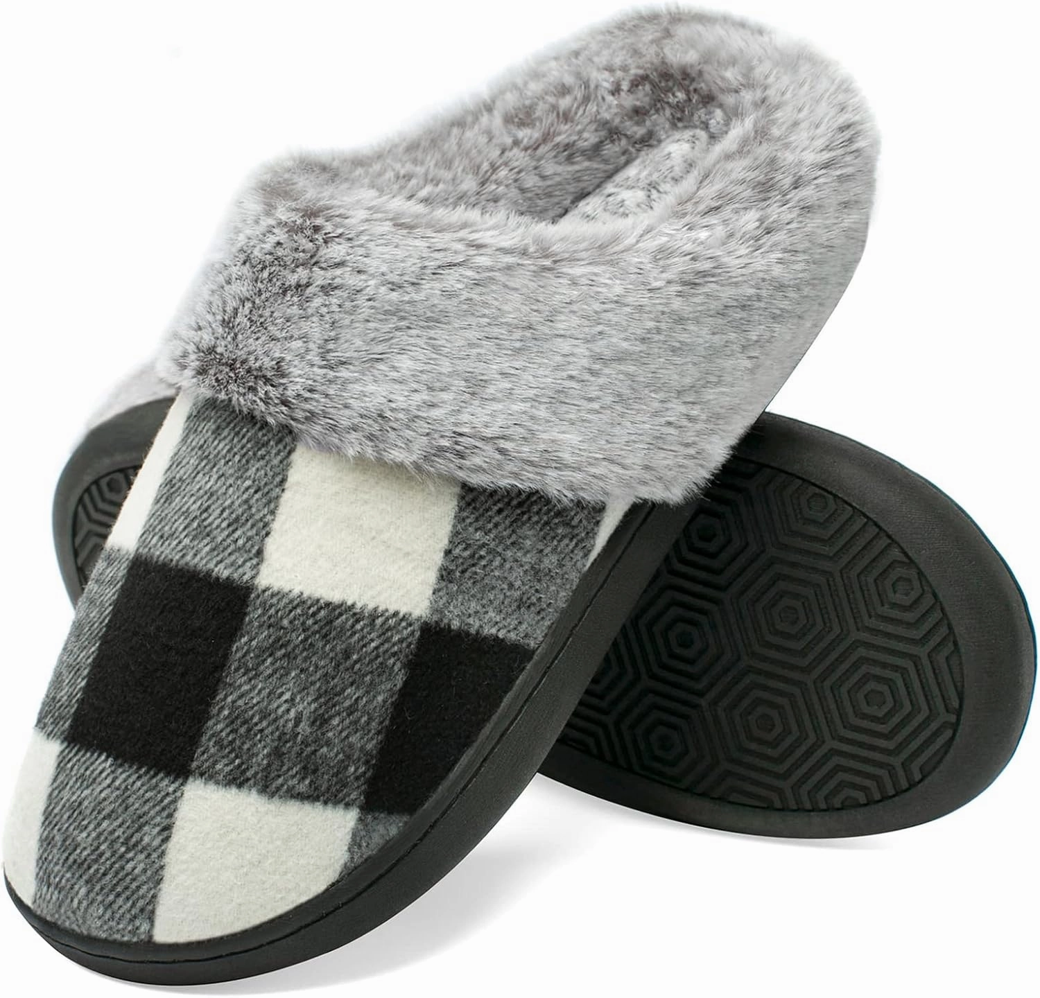 House Slippers for Women Indoor and Outdoor Memory Foam Fuzzy Slippers Bedroom Buffalo plaid Slip-on Shoes Christmas Gift