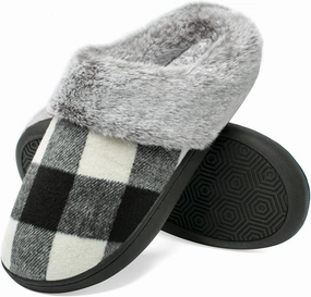 House Slippers for Women Indoor and Outdoor Memory Foam Fuzzy Slippers Bedroom Buffalo plaid Slip-on Shoes Christmas Gift