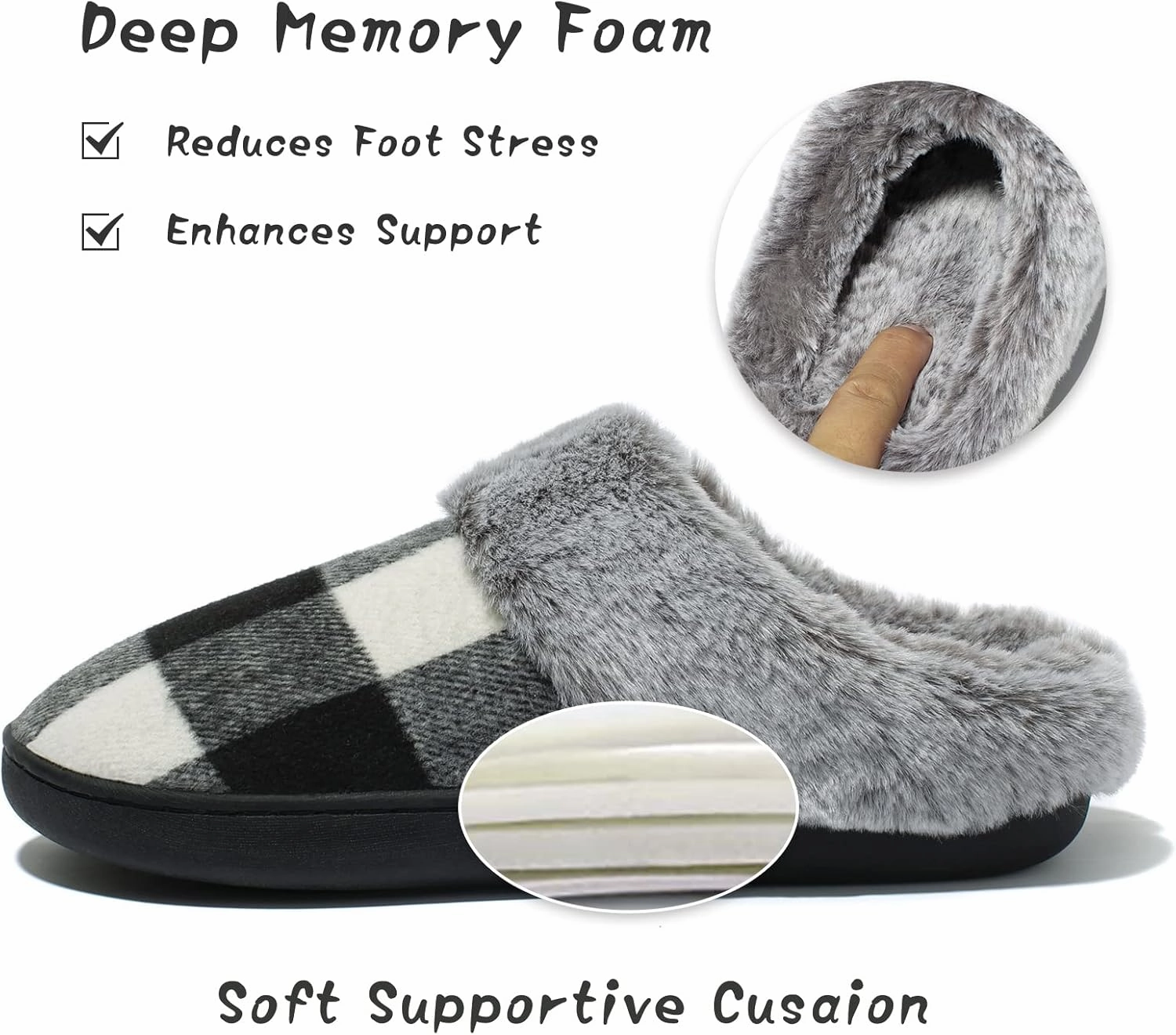 House Slippers for Women Indoor and Outdoor Memory Foam Fuzzy Slippers Bedroom Buffalo plaid Slip-on Shoes Christmas Gift