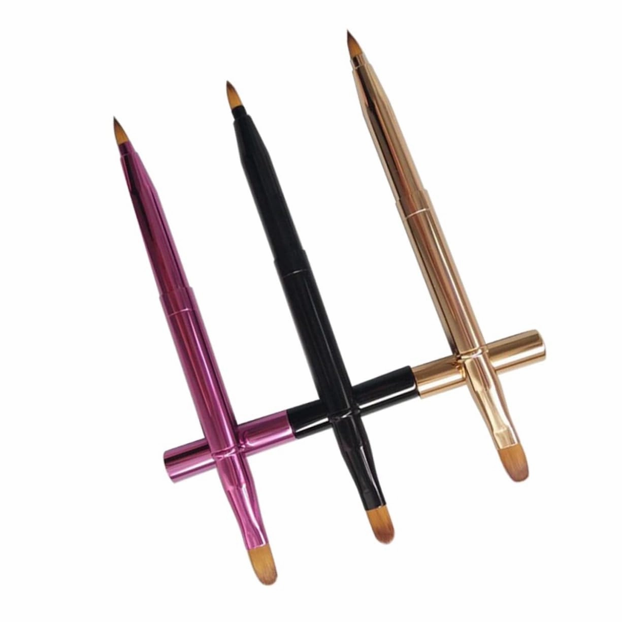 Housoutil 6pcs Retractable Dual Ended Lip Brush Versatile Makeup Brushes for Lip Gloss Eyeshadow and Concealer Application Portable Design Golden and Black Colors