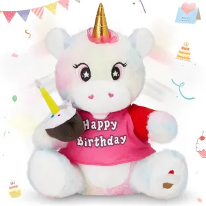 Houwsbaby 12'' Birthday Unicorn Interactive Stuffed Animal Electric Singing Musical Plush Toy with Cupcake, Glow Candle Unicorn Plush Toy, Presents for Kids Girls Boys Birthday Holiday