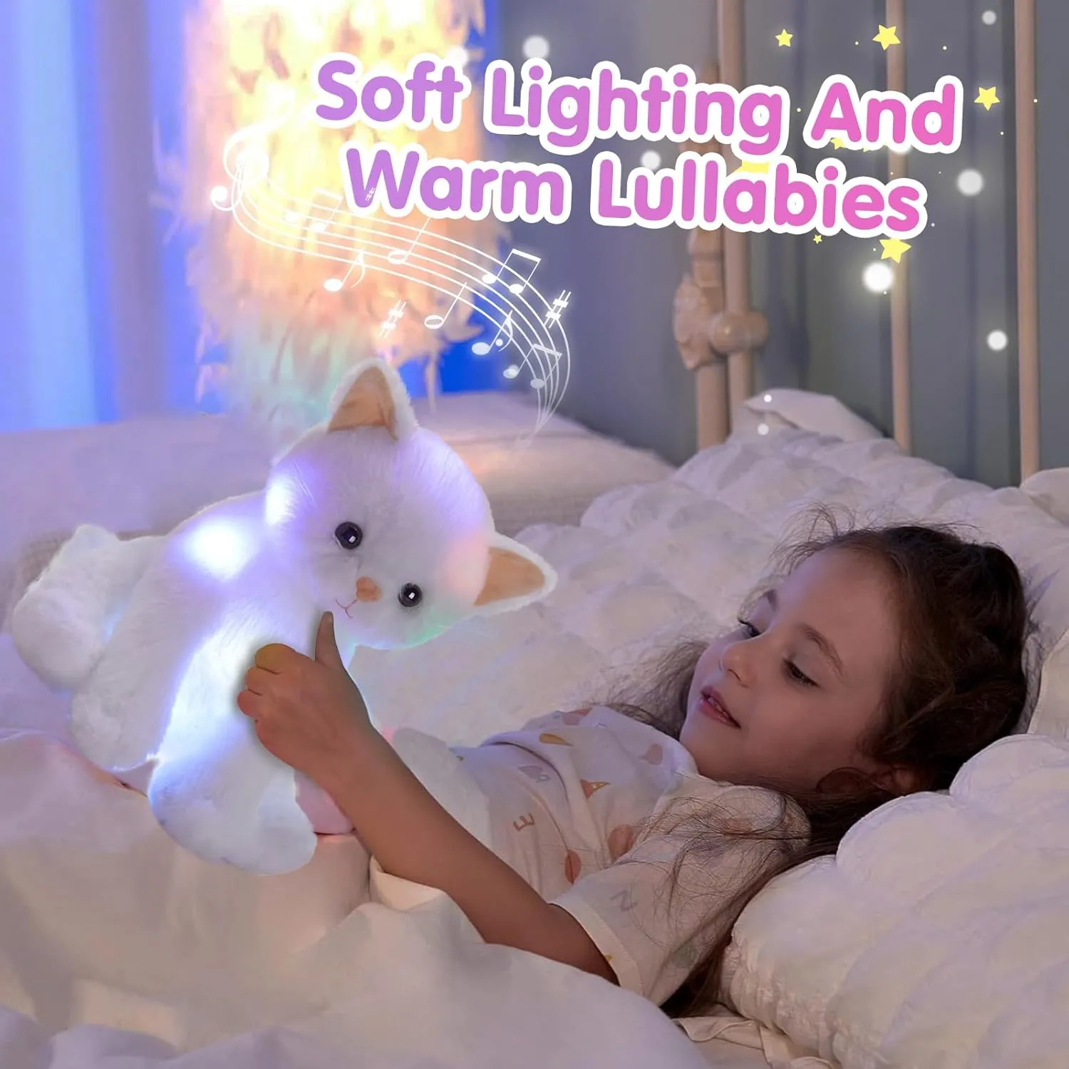 Houwsbaby 12'' White Musical Light Up Cat Stuffed Animal Kitty Plush Toy Singing LED Glowing Cat Plush Toy Christmas Festival Birthday Presents for Kids Girls Boys
