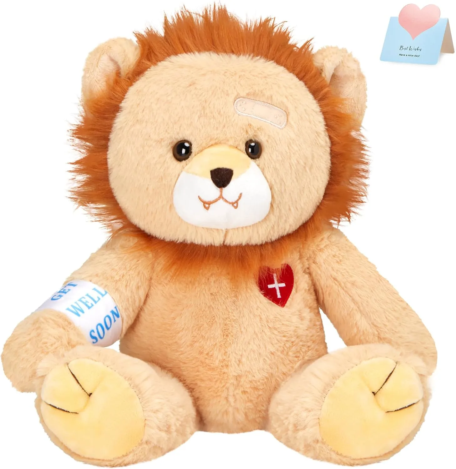 Houwsbaby 12" Get Well Soon Lion Stuffed Animal,Brown Get Well Soon Lion Plush Toy,Broken Arm Bandage Lion Plush for Kids Boys Girls Adult After Surgery Gifts