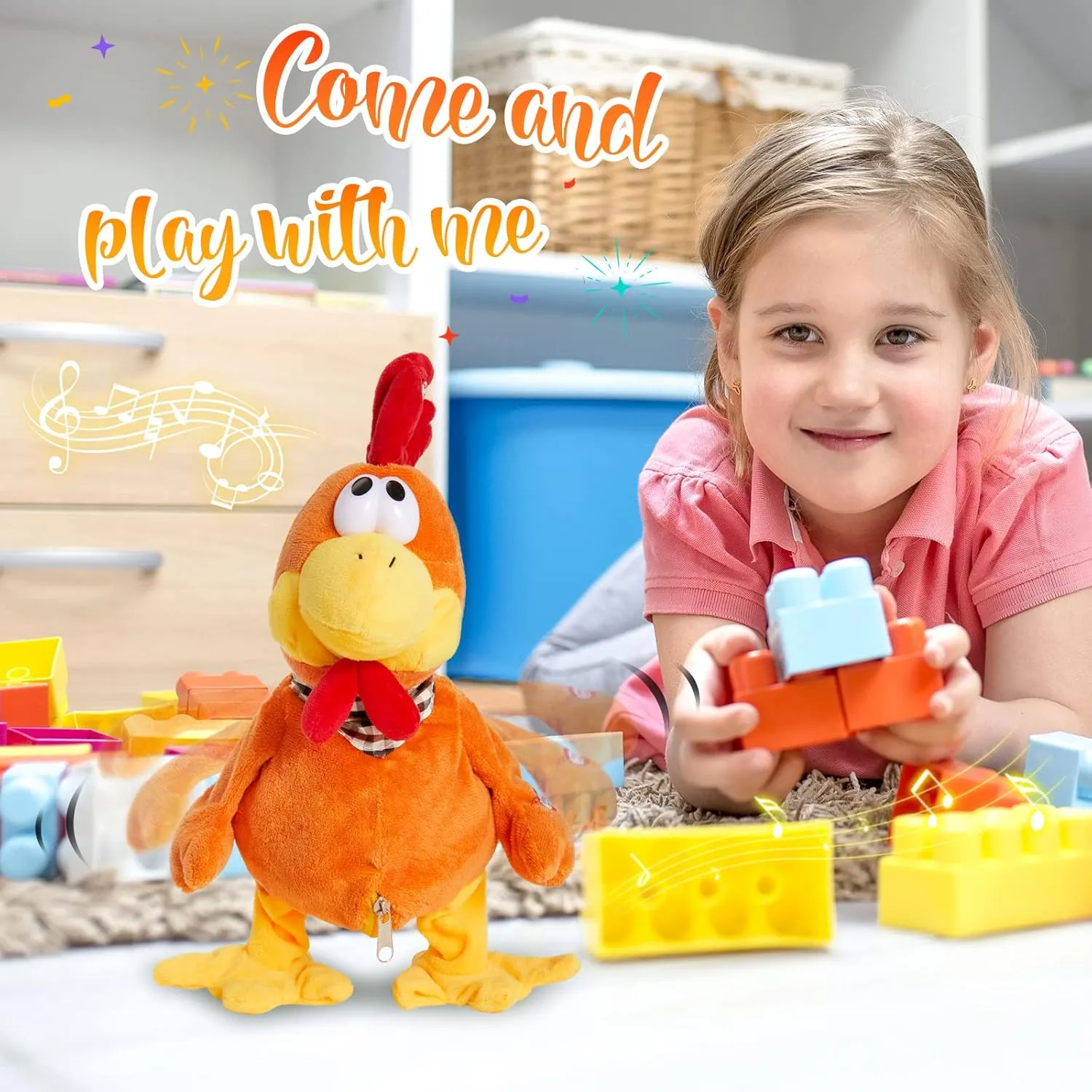 Houwsbaby 15" Electronic Squawking Chicken Toy, Easter Chicken Stuffed Animal Interactive Musical Walking Singing Waving Rooster Plush Toy with Bib Present for Kids Boys Girls Easter Thanksgiving Day