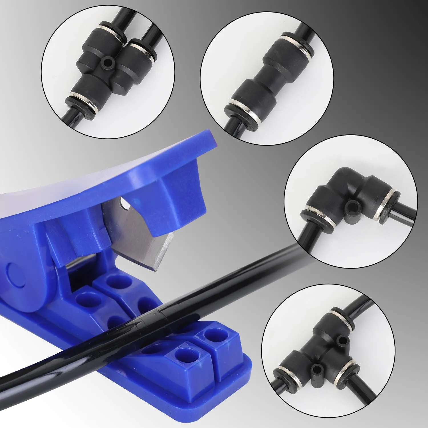 Hromee Air Line Tubing Kit, 1/4 Inch (6.35MM) OD x 32.8 Feet Polyurethane PU Tube and Push to Connect Fittings, 14 PCS Compressed Pipe and Accessories Kit
