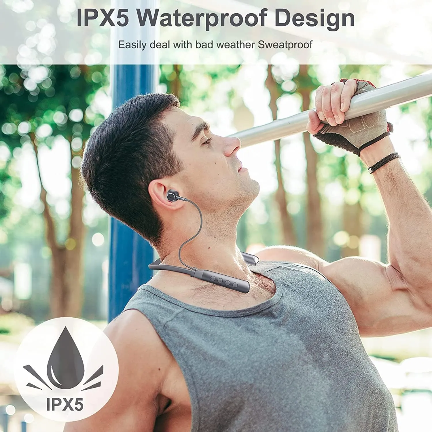 HTC Neckband Bluetooth Headphones, Bluetooth 5.3 Wireless Headphones Stereo Bass in-Ear Headsets with Mic, IPX5 Waterproof Earbuds, Neckband Earphones for Sport, Workout