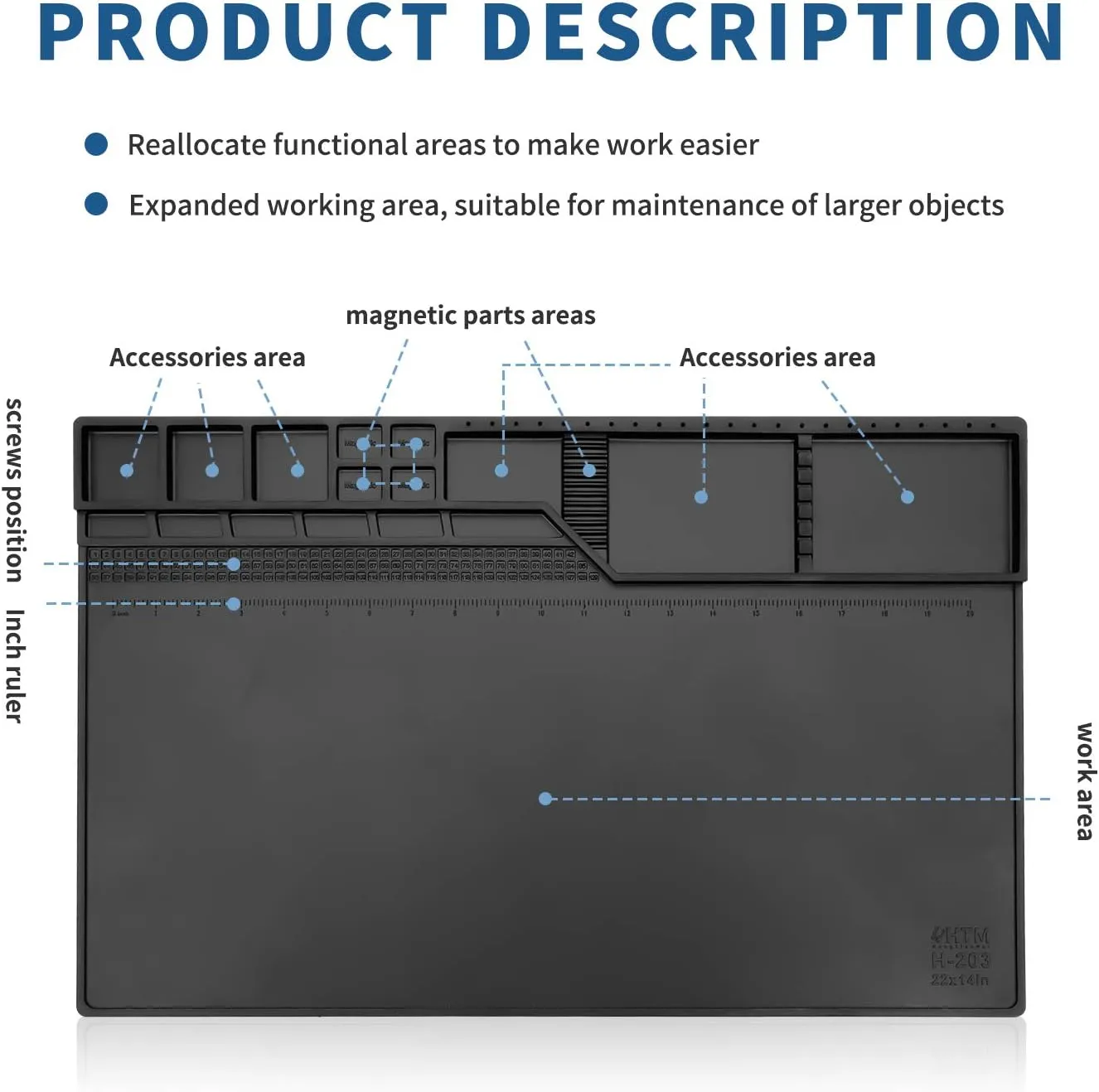 Htm-203 Black Magnetic Repair Work Mat Heat Resistant Large Silicone Soldering Mat Expand Work Area for Soldering, Electronics, Computer Repair Etc