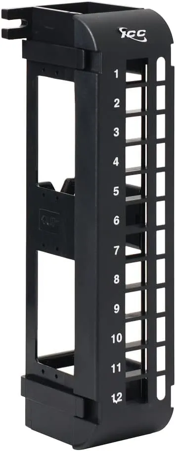 ICC 12 Port Blank Keystone Patch Panel with 89U Wall Mount Bracket for Slim Profile Keystone Jacks (Sold Separately), UL Listed, Black, IC107BP12V