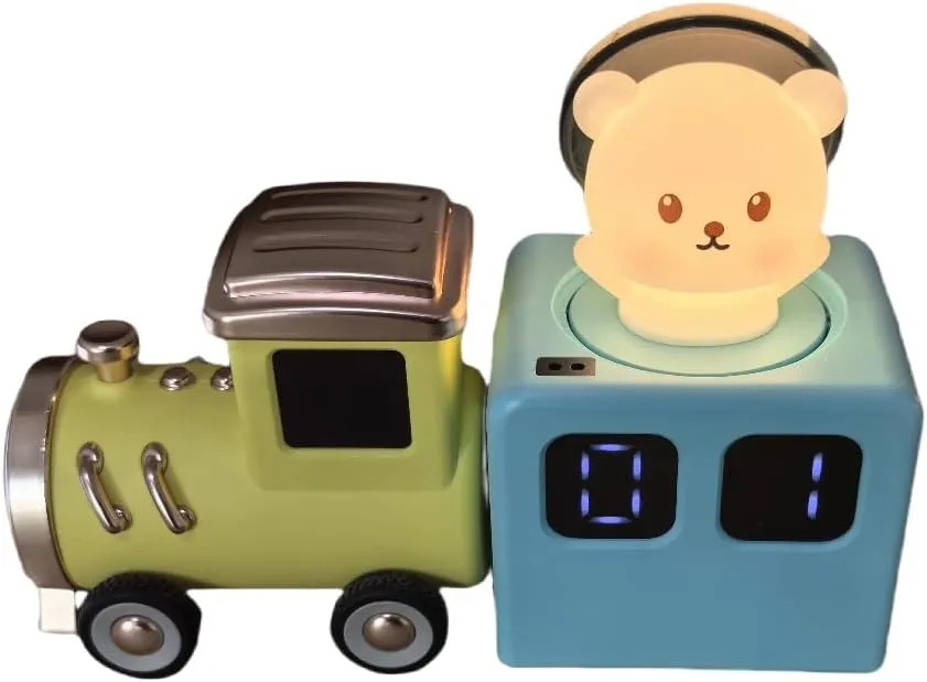 Intelligent Train Night Light Toy - 8 Magnetic Carriage Expandable Musical Train with Obstacle Sensing Brake / 4 Modes/Automatic Numbering, Night Light Sleeping Aid Musical Toys (1 1Blue Bear)