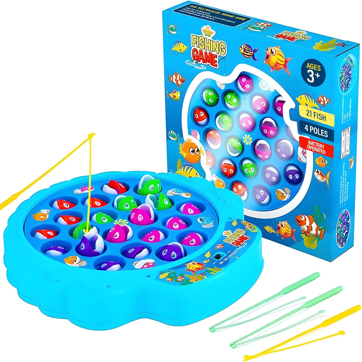 IPIDIPI TOYS Fishing Game for Kids, Hook Fishing Set for Toddlers - Rotating Fish Board with Music, Educational, Fine Motor Skill Activity for Boys and Girls - Blue, 21 Fish, 4 Poles