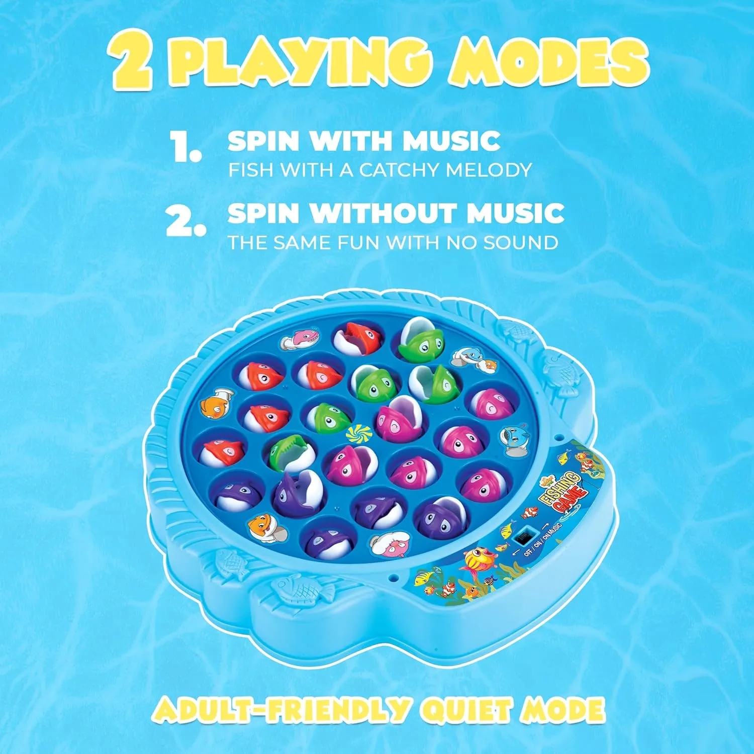 IPIDIPI TOYS Fishing Game for Kids, Hook Fishing Set for Toddlers - Rotating Fish Board with Music, Educational, Fine Motor Skill Activity for Boys and Girls - Blue, 21 Fish, 4 Poles